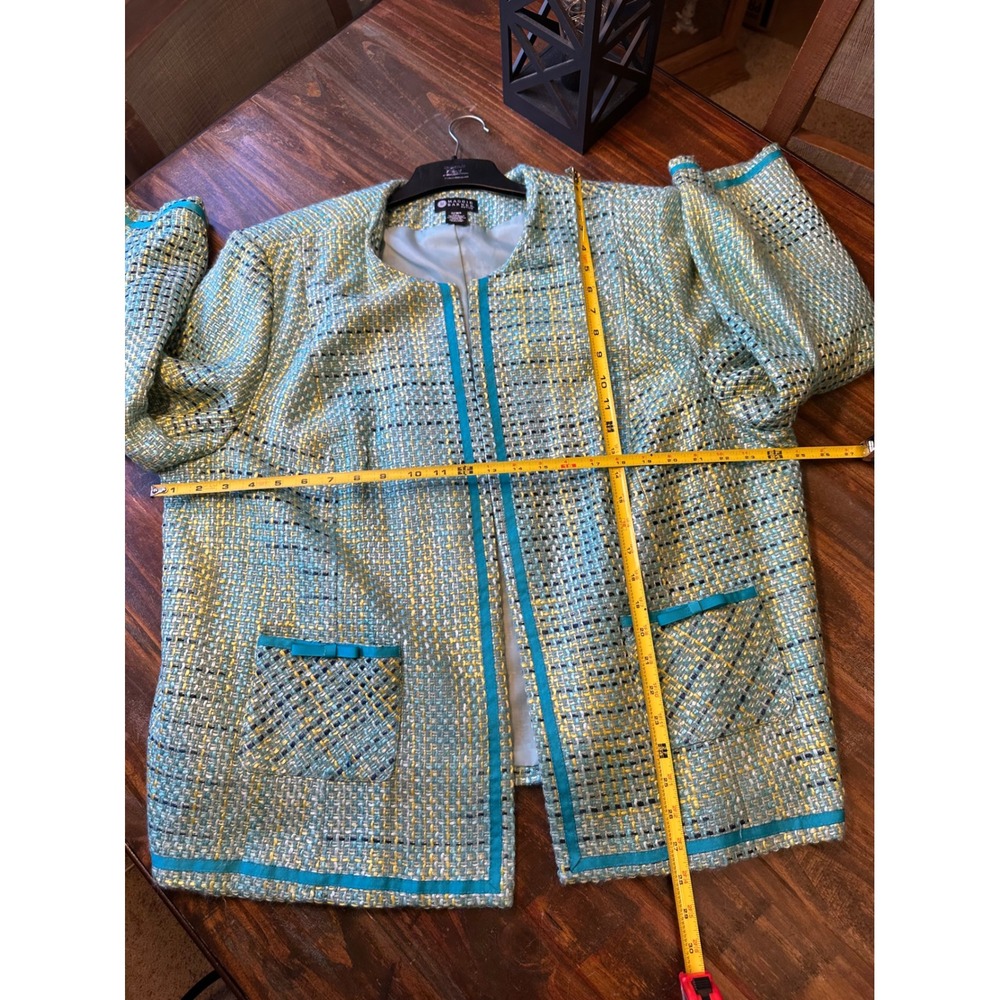 Maggie Barnes Petite‎ 22WP Tweed Open Front Jacket Turquoise Yellow Mermaidcote - Picture 7 of 12